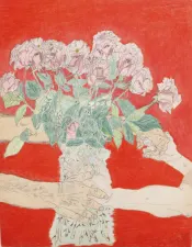 drawing of pink flowers on a red background