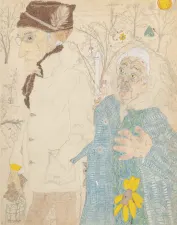 drawing of older people wearing coats and hats