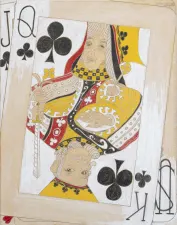 abstract drawing of a playing card that is half queen, half king