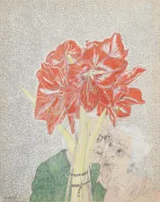 Drawing flowers in the foreground and an older couple kissing