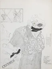 abstract drawing about censorship showing an old woman with her hands tied and mouth taped