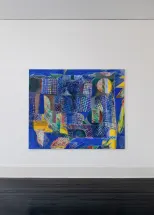 gallery installation of a blue and yellow oil painting