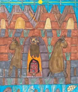 marker drawing of the sky, mountains,huts, and two horses