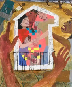 oil painting featuring faces and people within a house shape