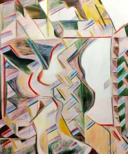 abstract oil painting mostly white, with many lines and shapes