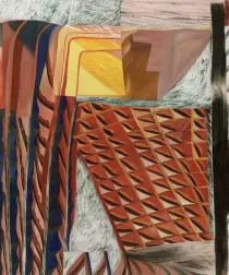 abstract oil painting of red, yellowm tan and checkered patterns