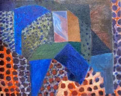 abstract oil painting with blue, orange and green dot patterns and geometric shapes