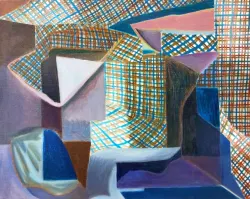 abstract oil painting of tight checker patterns and pastel shapes
