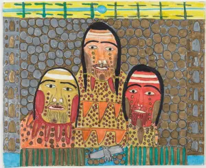 marker and colored pencil drawing on mat board of three native american faces