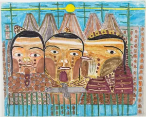 marker and colored pencil drawing on mat board of three native american faces
