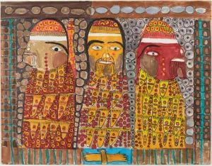 marker and colored pencil drawing on mat board of three native american faces