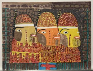 marker and colored pencil drawing on chipboard of three faces in profile facing right