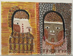 marker and colored pencil drawing on chipboard of two native american portraits