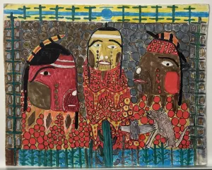 marker and colored pencil drawing on chipboard of three native american faces
