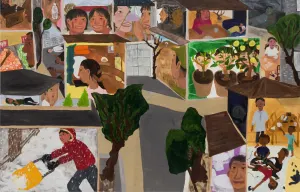 large oil painting of montages of everyday life