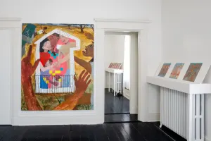 gallery installation of a large oil painting and three marker drawings on a shelf above a radiator