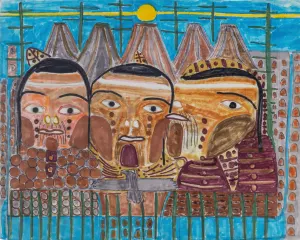 marker and colored pencil drawing on mat board of three native american faces