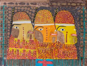 marker and colored pencil drawing on chipboard of three faces in profile facing right