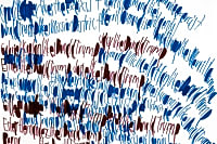 abstract drawing of red and blue words on tan paper