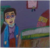 pastel drawing of a woman with glasses in her room