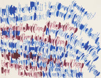 abstract drawing of red and blue words on tan paper