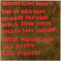 list of things made of gold in red writing on a dark brown background