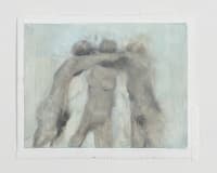abstract oil painting of three blurry figures embracing