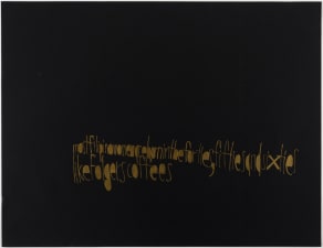 abstract drawing of dark gold words on black paper