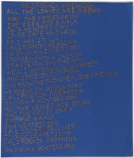 lyrics to California Dreaming written in gold on a blue background