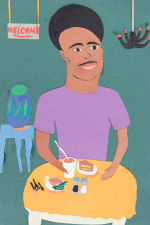 collage of a Black man eating at a table