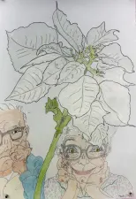 drawing of two elderly people wearing glasses and a flower