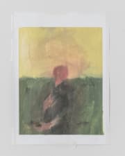 yellow a green abstract painting with a red dot in the middle, representing a sunrise or sunset