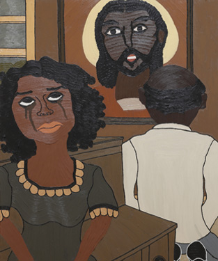 oil painting of a Black woman crying under a portrait of Jesus