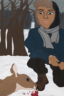 oil painting of a boy kneeling by a dead deer