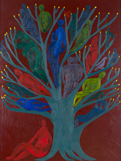 abstract painting of human figures in a tree