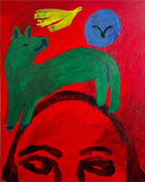 abstract painting of a human face with a dog-like figure above