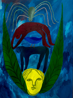 abstract painting of a spider and two figurines above a yellow face