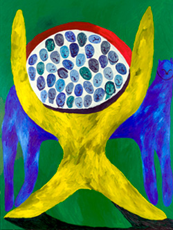 abstract painting of many human-like faces in a circle