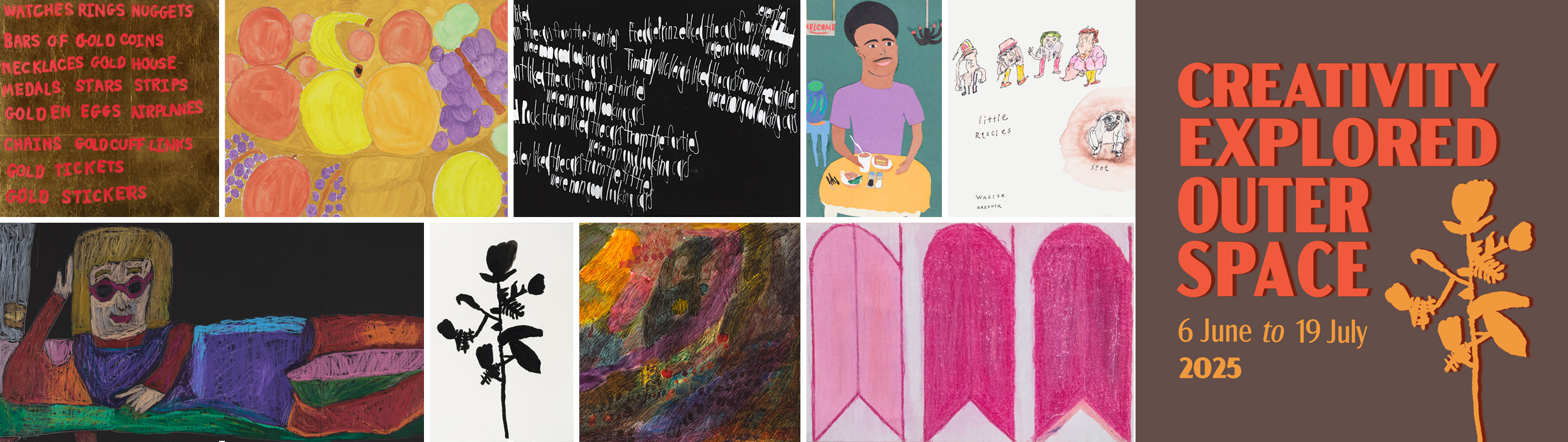 Mosaic of artworks from Creativity Explored show opening June 6th.