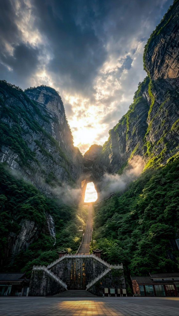 Sunlight through the natural arch of Tianmen Mountain