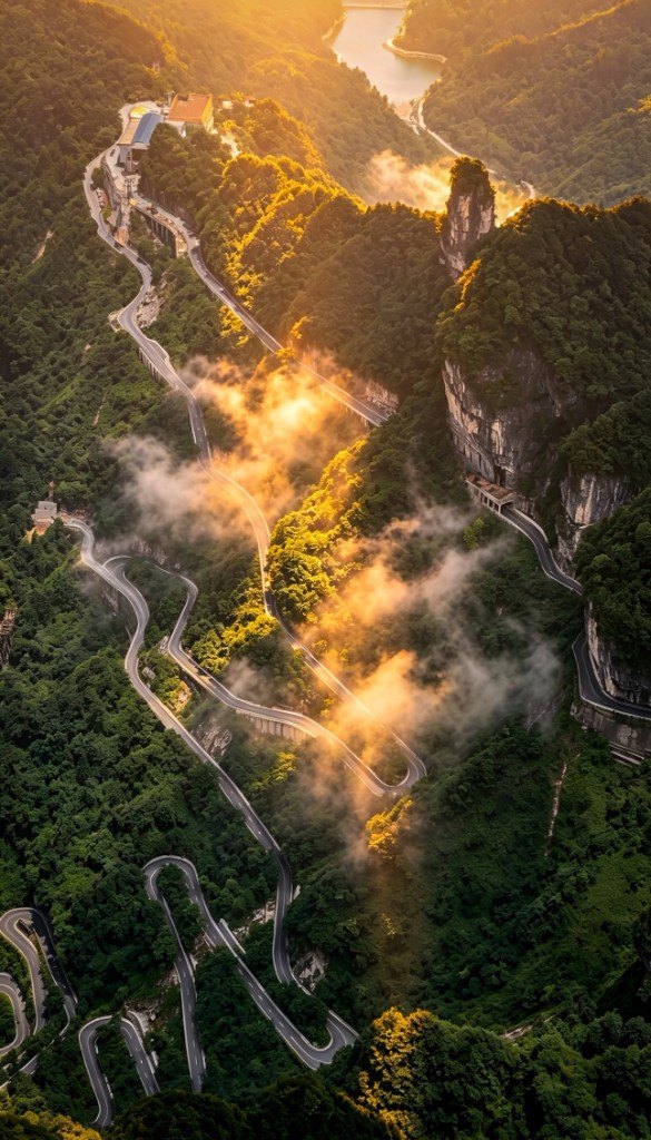 A mountain road winding through forested ridges