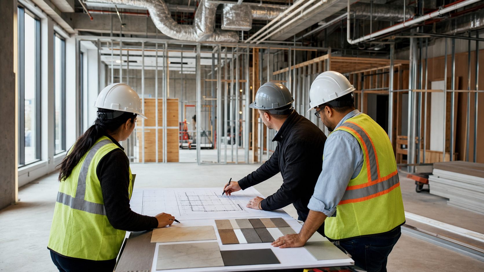Ontario project team reviewing drawings as a commercial interior moves from planning to construction