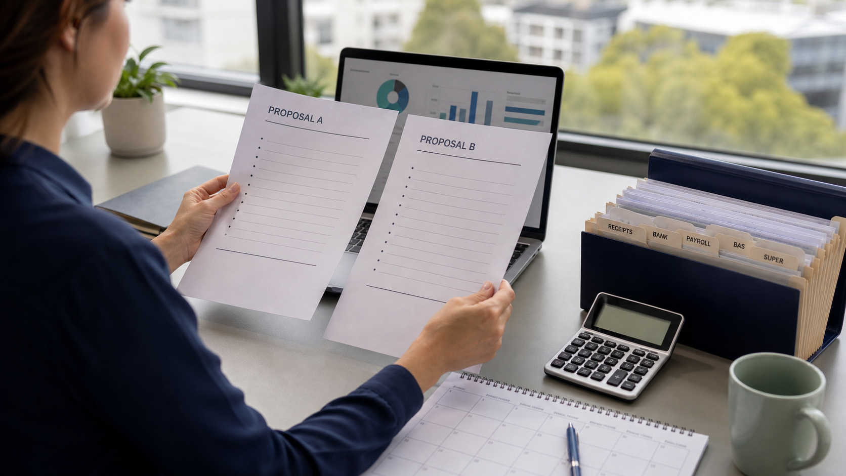 Sydney small business owner comparing two detailed bookkeeping service quotes at a desk
