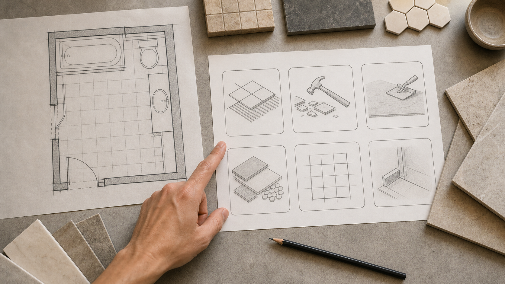 What Does Bathroom Floor Tile Installation Cost 1 Bathroom floor plan beside tile samples and a cost worksheet separating base installation from preparation and extras
