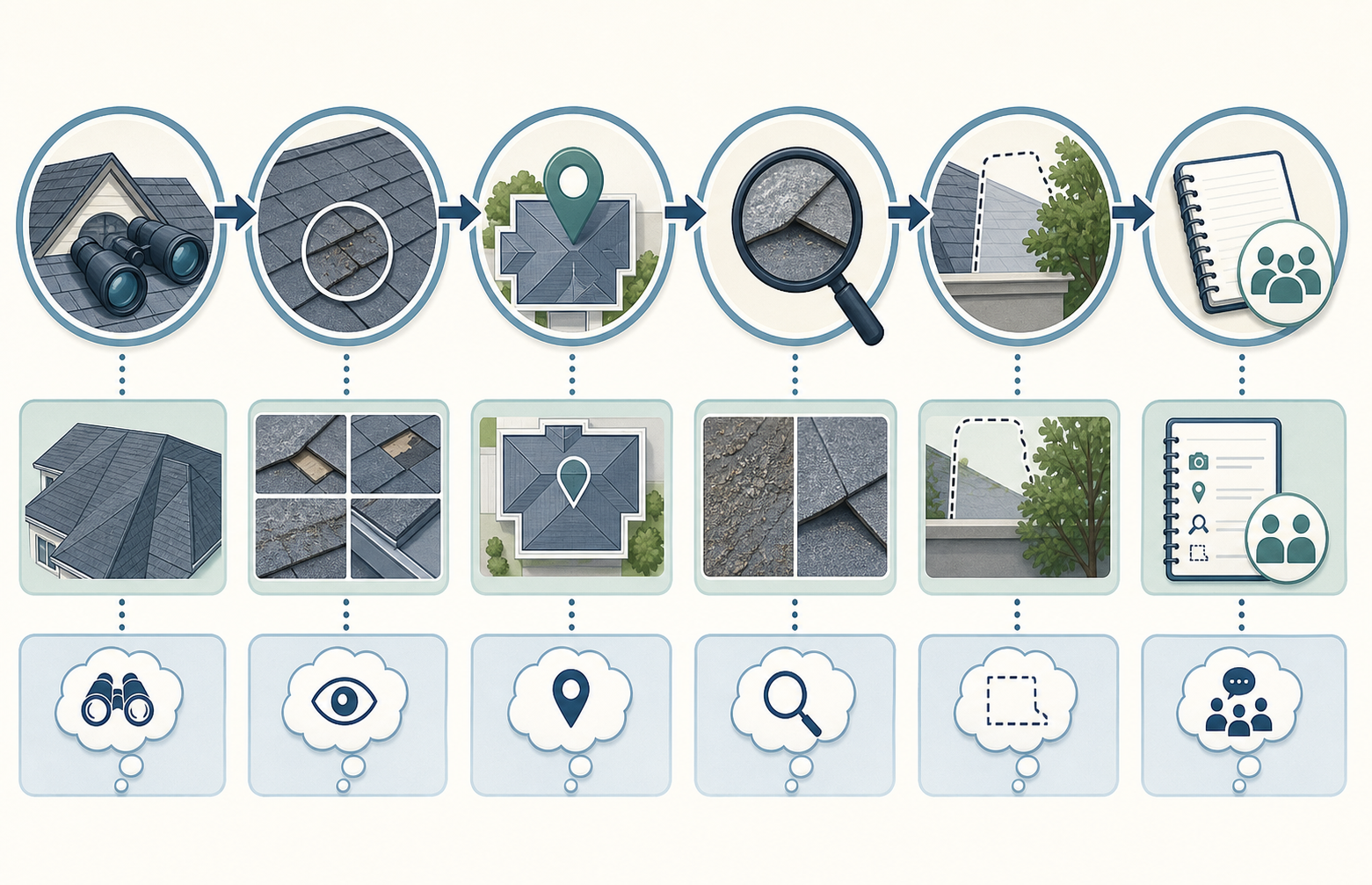 Roof inspection report reading diagram linking observation location implication limitation and next step