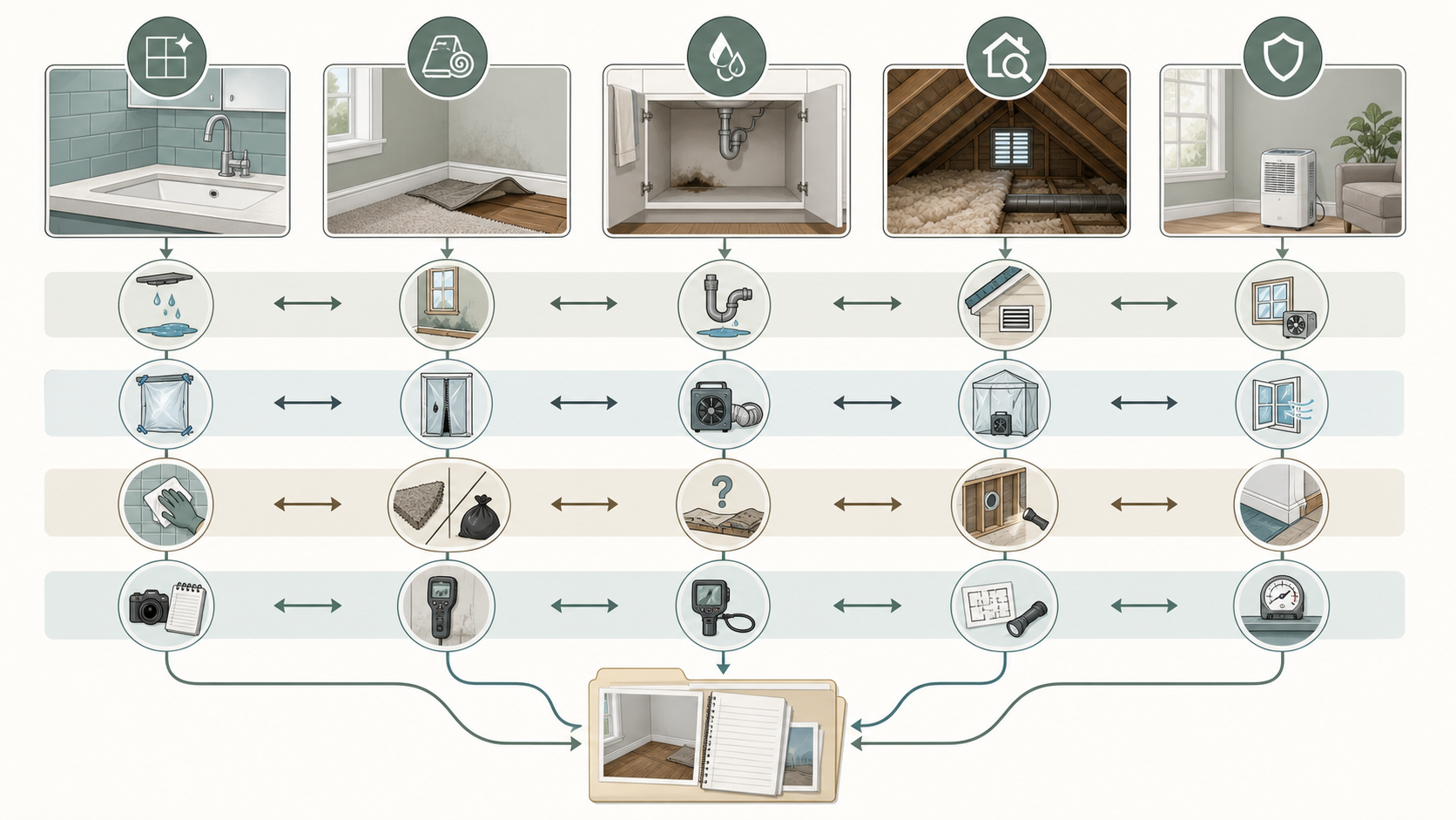 Decision diagram comparing mold cleanup removal investigation remediation and prevention paths
