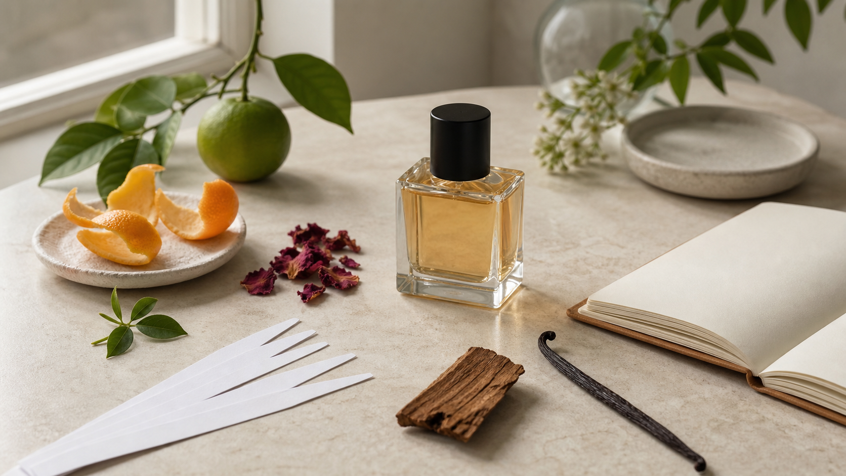 Perfume discovery workspace with scent blotters and fragrance-note materials