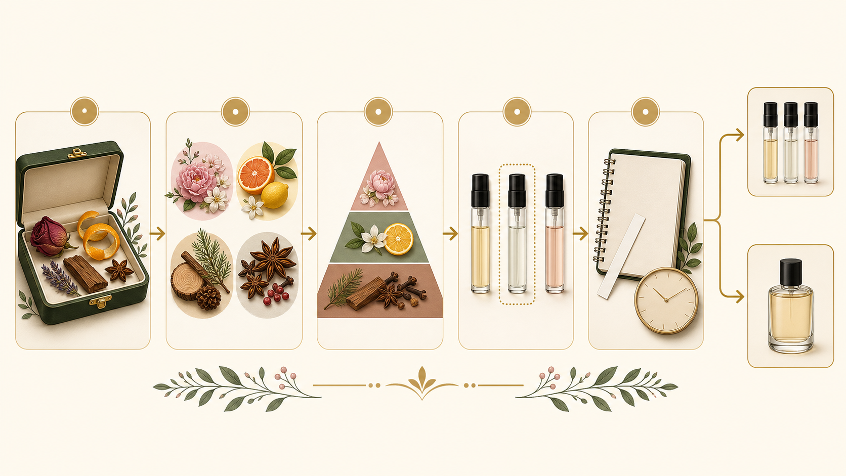 Five-step perfume selection diagram from scent profile to wear test