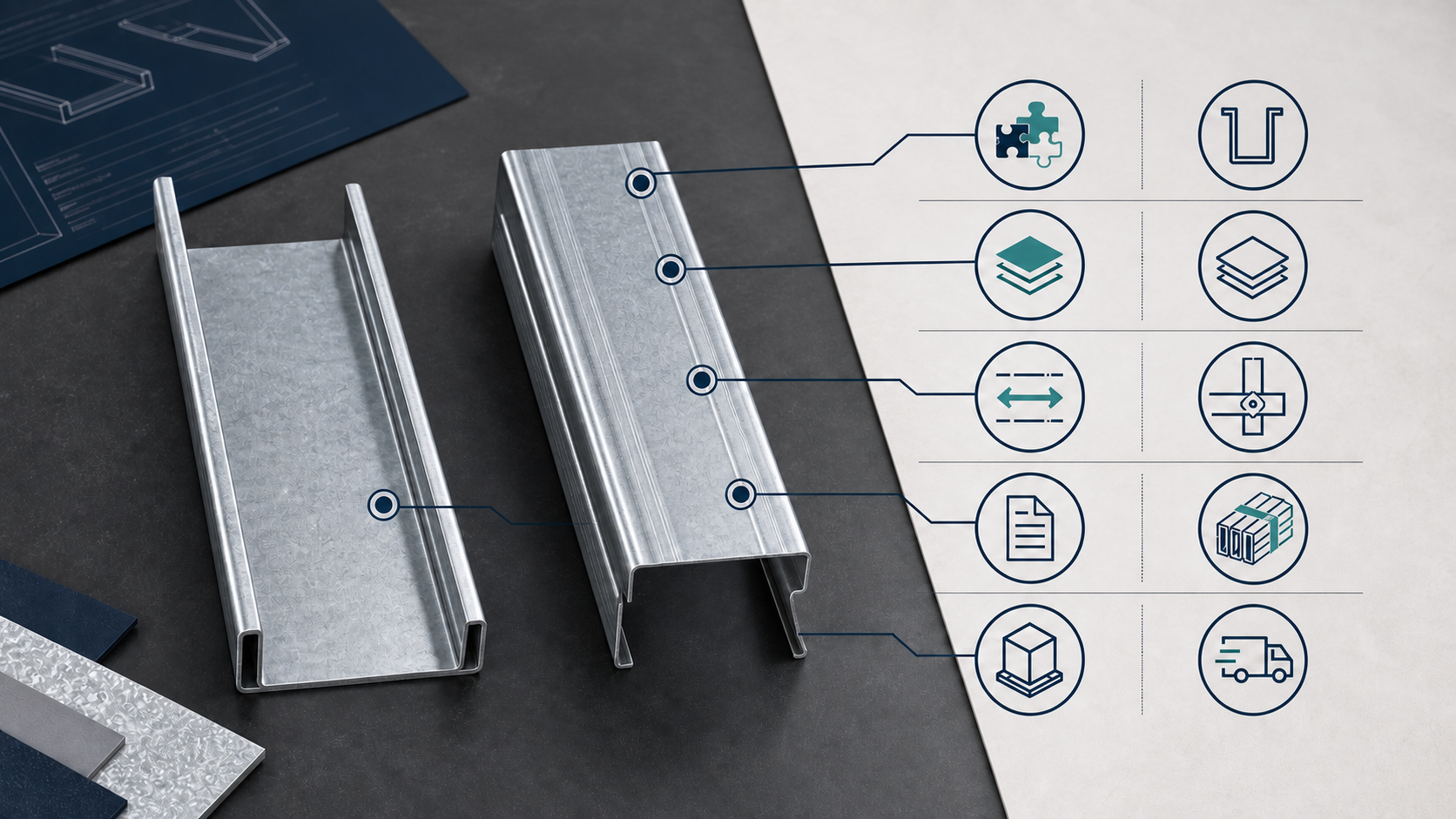 Steel track procurement checklist showing assembly role stud match thickness coating documentation and delivery