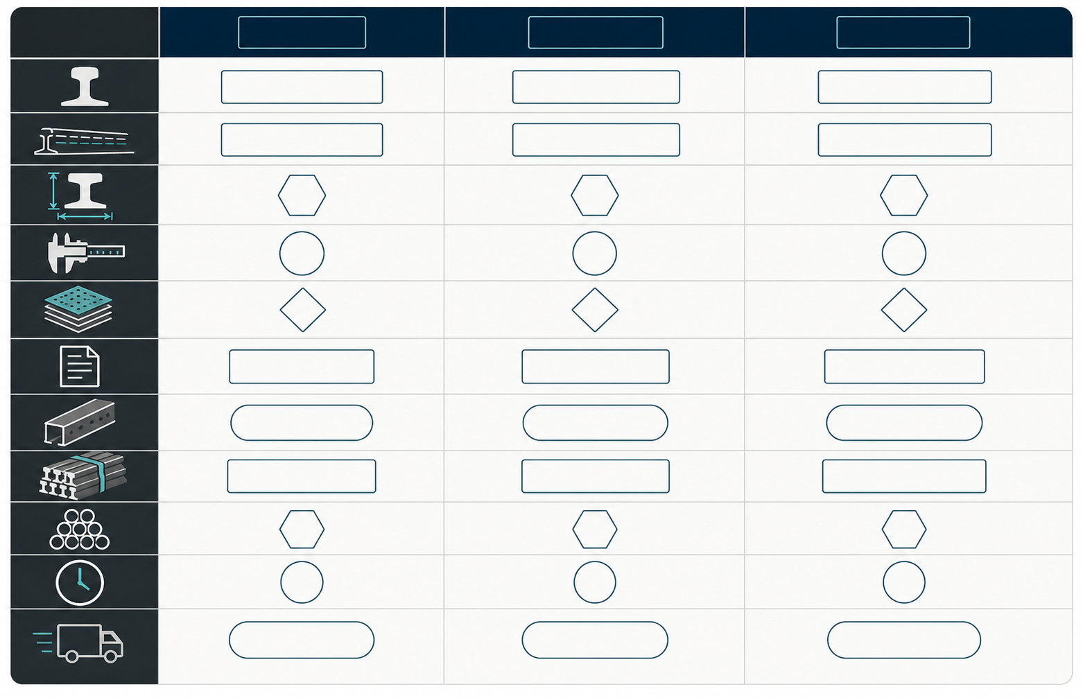 Steel track bid comparison matrix for type geometry thickness coating documentation fabrication and delivery